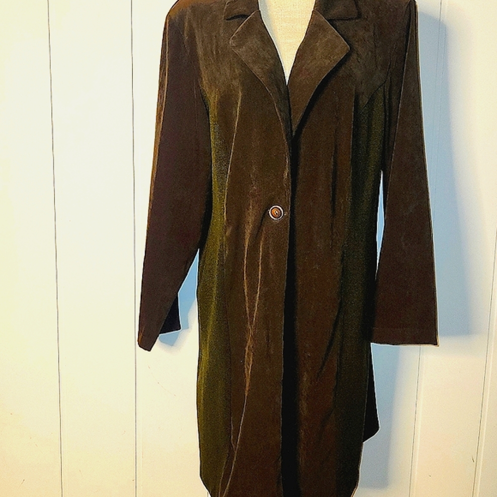 Vintage olive green faux suede long length lightweight blazer jacket extra large